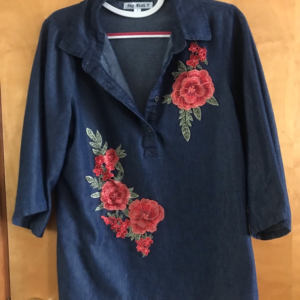 Embroidered Denim Tunic with Floral Design - Picture 1 of 3